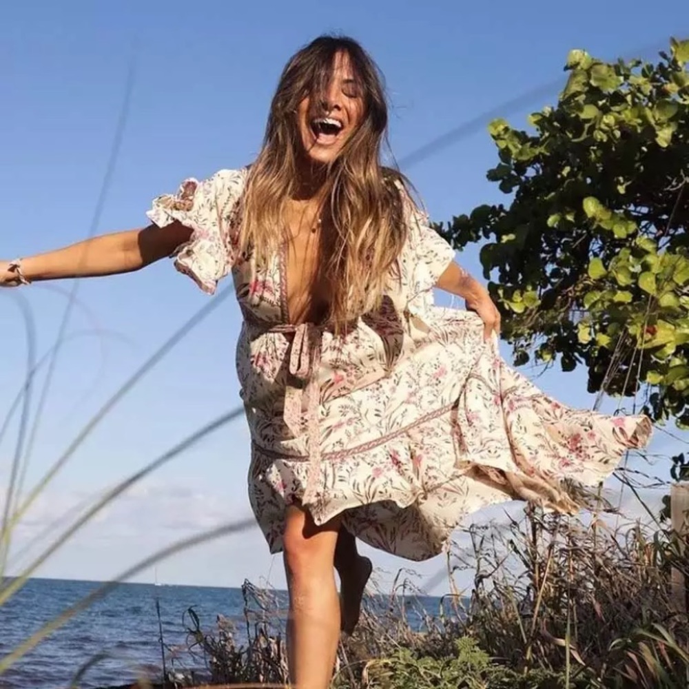 SOLD OUT Boho Floral Fields Gypsy Cut Out Plunge Maxi Dress - Picture 4 of 11